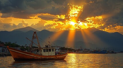 Fototapeta premium Fishing boat sunset harbor mountains serene landscape