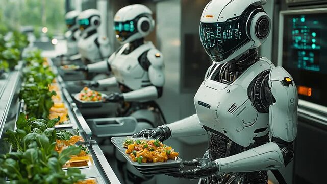 Robots in the Kitchen: A futuristic vision of robotic chefs diligently preparing meals in a state-of-the-art kitchen, showcasing technological advancements in food service and automation. 