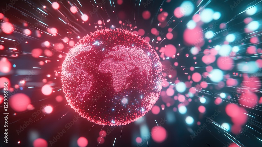 Poster a d futuristic globe surrounded by a web of glowing data streams.