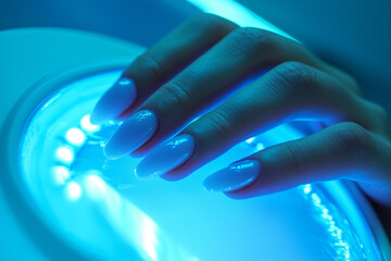 Clients hand resting under a soothing UV lamp during a manicure session in a stylish salon atmosphere