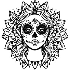 Fototapeta premium Intricate Day of the Dead Sugar Skull Woman with Flowers and Decorative Patterns