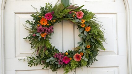 Naklejka premium Floral Wreath on White Door
