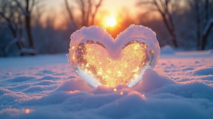 Fototapeta premium A Frozen Heart Shining With Warm Light Amidst a Snowy Winter Sunrise.