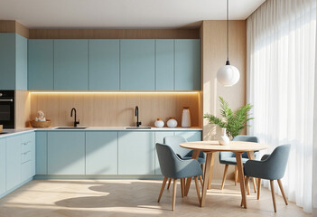 Modern kitchen interior design with sky blue cabinets and light wood paneling, refreshing minimalist vibe. Concept of calm home aesthetics