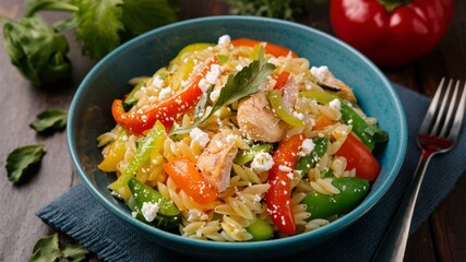Chicken Orzo Salad ? Homemade chicken orzo salad with peppers and feta. 