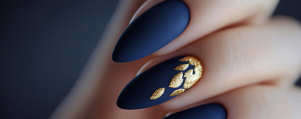Luxurious close-up of a matte black manicure with gold leaf accents showcasing modern nail art in a stylish setting