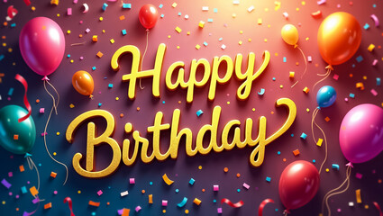 Bright golden letters spell out happy birthday with colorful balloons and confetti filling the background. This festive atmosphere is perfect for party themes and celebratory events