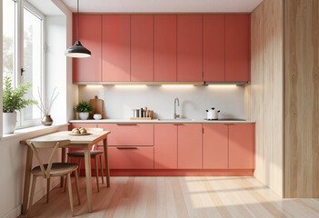 Modern kitchen interior design with coral cabinets and light wood accents, compact minimalist apartment on Moscow Street, vibrant living concept.