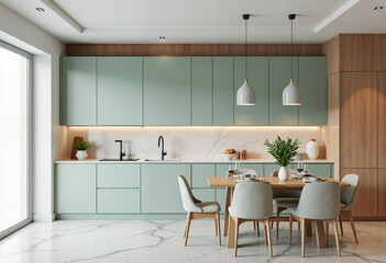 Modern kitchen with seafoam cabinets and light wood accents, serene minimalist design concept in a Moscow studio apartment.