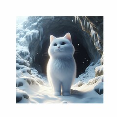 A big white cat emerges from the lush forest.