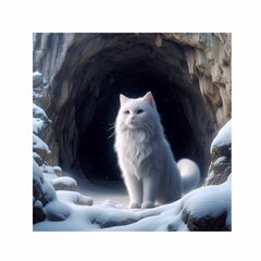 A big white cat emerges from the lush forest.