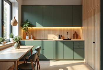 Modern kitchen interior with moss green cabinets and light wood paneling, minimalist design concept and natural ambiance.
