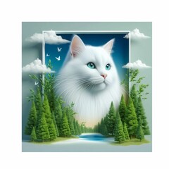 A big white cat emerges from the lush forest.