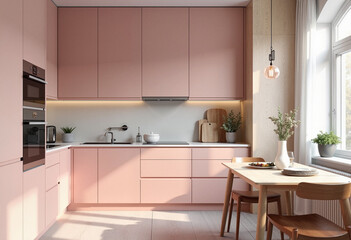 Modern kitchen interior with peony pink cabinets and light wood paneling, stylish minimalist design concept.