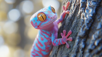 A brightly colored gecko clinging to a textured tree trunk.