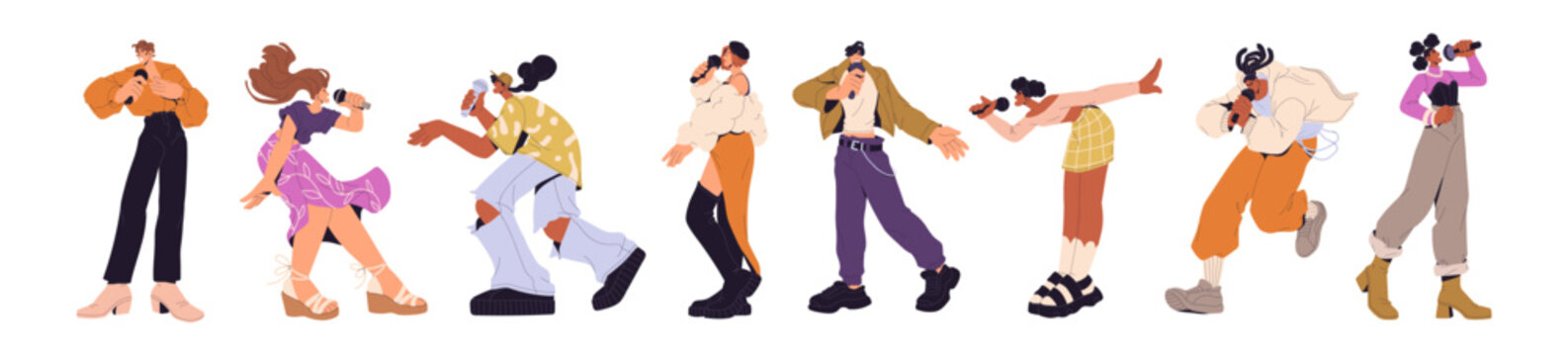 Singers sing with mic set. Diverse happy people perform songs with microphone. Vocalists, pop stars hold mike. Characters have fun at karaoke. Flat isolated vector illustrations on white background