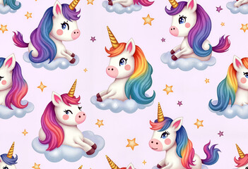 Colorful group of cartoon unicorns with rainbow manes and sparkling horns sitting on fluffy clouds in a whimsical lavender background, enchanting fairy tale concept.