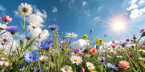 Colorful spring summer meadow flowers in nature outdoors.