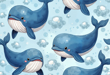 Sticker with a seamless pattern of cute baby whales playfully swimming on a deep blue background with bubbles, vibrant ocean adventure design concept