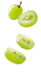 flying sliced green grape with leaves isolated on transparent white background, clipping path