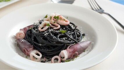 Spaghetti al Nero di Seppia: Black spaghetti with squid ink, echoing ancient coastal Italian cuisine?s use of seafood in rich dishes.