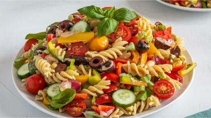 Insalata di Pasta: Vibrant pasta salad with crisp vegetables and a tangy dressing, ideal for capturing the freshness and color of Italian summer dishes.