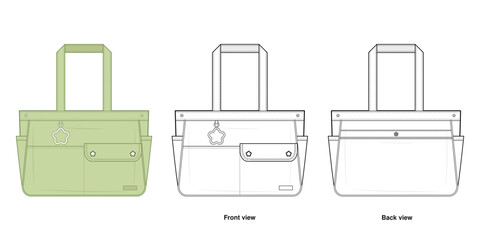 Kawaii Utility Tote Bag Technical Fashion Illustration. Durable Multi-Pocket Shoulder Bag Vector Template. Front and Back View. Chic style. With Star charm Embellishment. Pastel green. CAD Mockup Set.