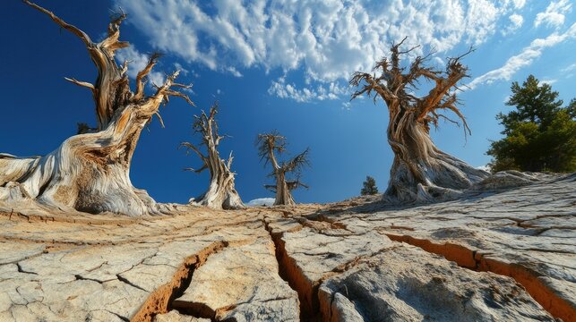 A dried, cracked clay pan with twisted, dead trees standing against a bright blue desert sky.