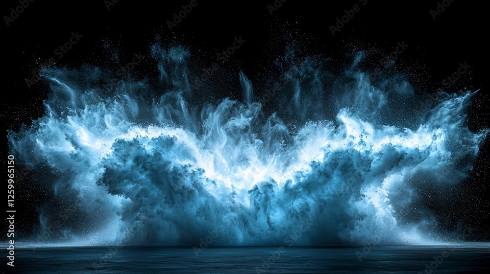Poster glowing blue nebula explosion; cosmic event; dark background; science fiction; vfx