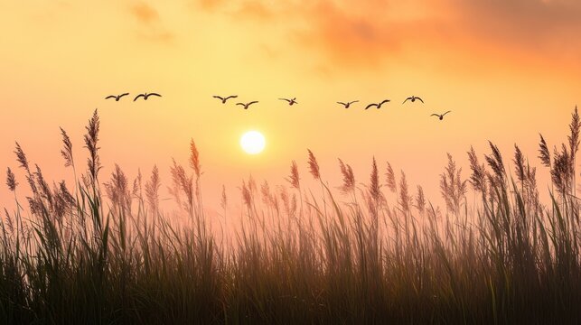 A flock of geese flying over a peaceful farm landscape at sunrise.