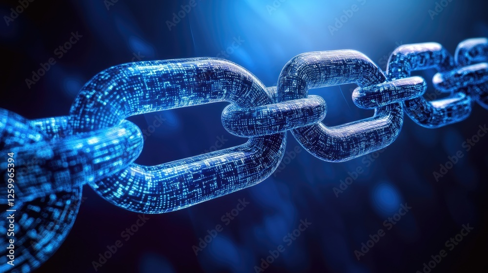 Poster a futuristic interface displaying blockchain transactions linked across a digital landscape.