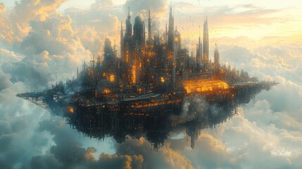 Obraz premium Fantastical floating city with illuminated spires nestled among clouds at twilight creating a magical atmosphere