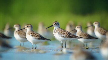 Fototapeta premium A flock of spoon-billed sandpipers wading in a shallow coastal wetland.