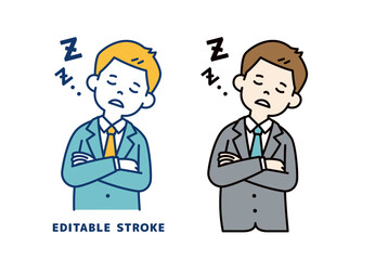 腕を組んで居眠りする、若いビジネスマンのベクターイラスト素材＿線幅の編集可能