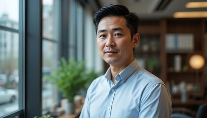 Fototapeta premium Portrait of a Confident and Successful Asian Businessman in Modern Office
