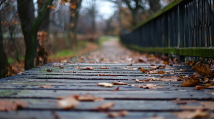 Fototapeta premium Serene Autumn Pathway with Fallen Leaves and Wooden Planks in a Nature Setting