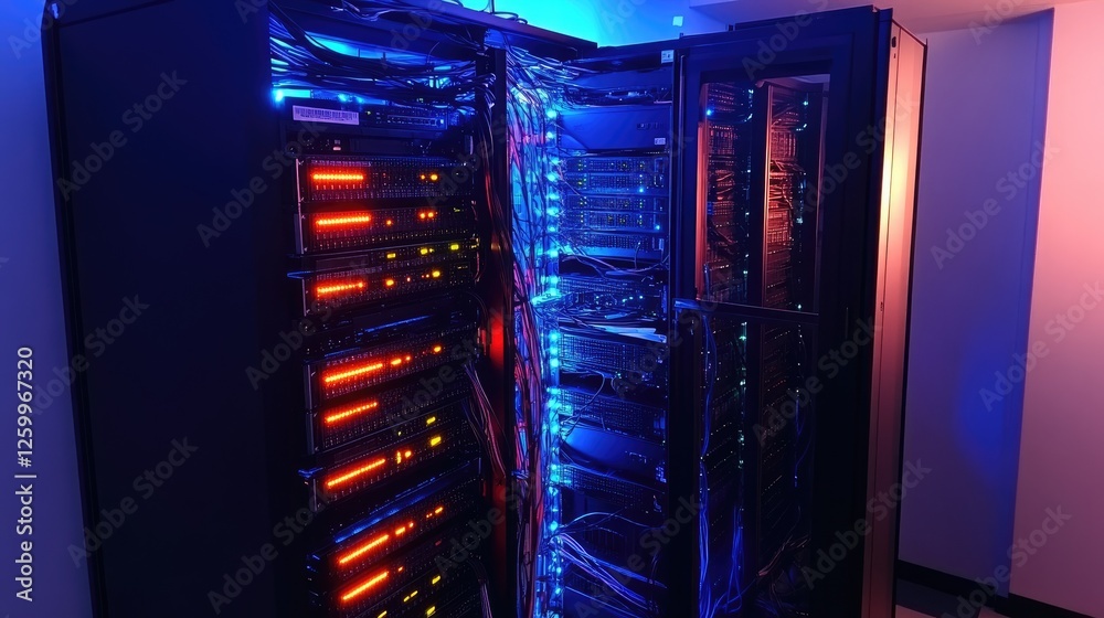 Poster a high-tech server room with illuminated network cables and data flow visualizations.