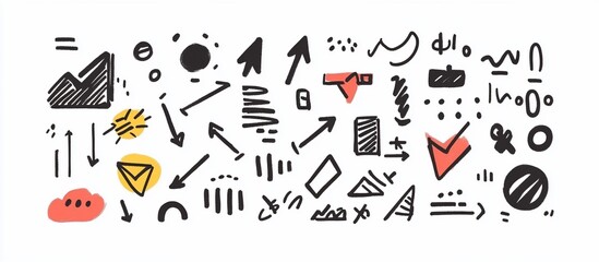 Colorful abstract doodles with arrows, shapes, and patterns on a white background