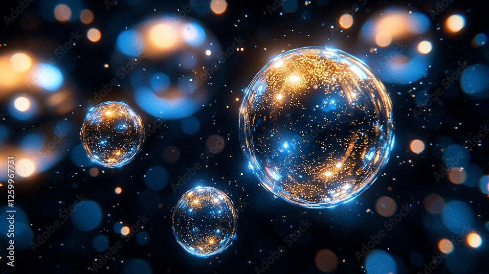 Poster glowing orbs float in dark space, bokeh background, abstract art, website banner