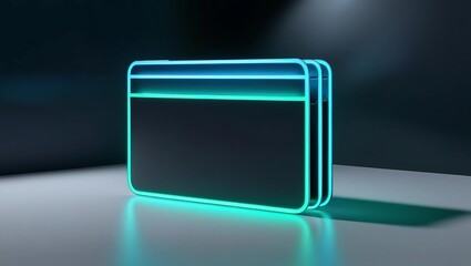 Digital wallet icon with blue and green lights outlining its shape, holding glowing credit cards to symbolize digital payments, dark navy-to-black gradient background with subtle light reflections  

