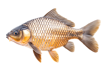Closeup of fresh common carp fish with detailed scales and fins, isolated on white transparent background, concept of aquatic life