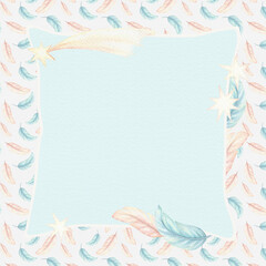 Pink and blue card background with soft feathers and copy space in cute cartoon style. Hand drawn watercolor illustration for baby invitation. Perfect for pajama party template and childish design.