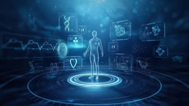 Digital human anatomy model with health data visualizations glowing in blue.