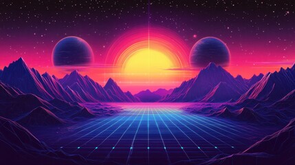 Naklejka premium Futuristic landscape showcases mountains planets grid and neon sun