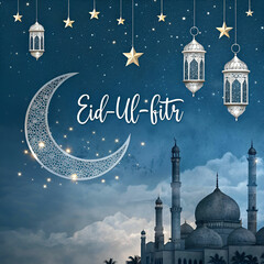 A deep blue and silver-toned composition featuring mosque for Eid