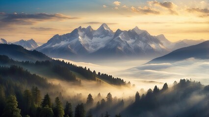 1. "Morning Mist Intersperses the Pine Forest Landscape on the Mountains: A Natural Background Concept"