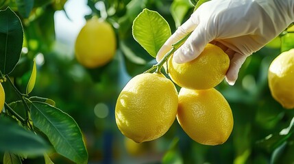 lemon hand picking organic harvest. A hand picking fresh lemons from a tree in a garden.