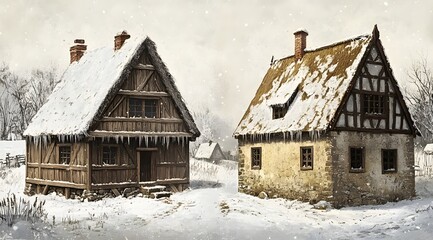 Contrasting Medieval Homes in a Snowy Countryside Landscape