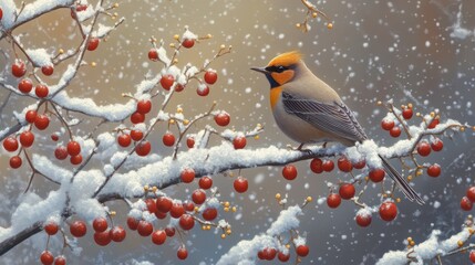 A waxwing bird perched on a snowy berry-covered branch.