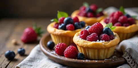 Rustic berry-filled baked baskets on dessert table, baked goods, summer